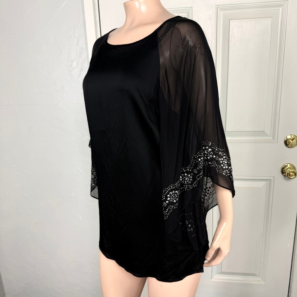 St John Women's Top Small Satin Shirt Sheer Blouse Top Silk Beaded Sequin C4-24 - Picture 3 of 10